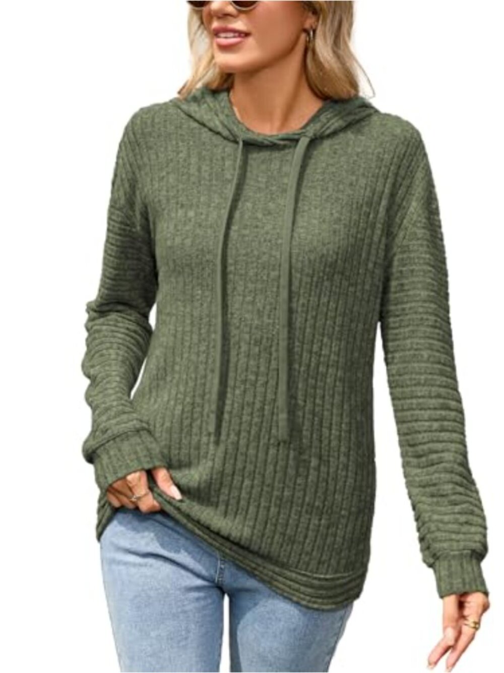 Women's Ribbed Knit Hooded Sweater Long Sleeve Drawstring Pullover